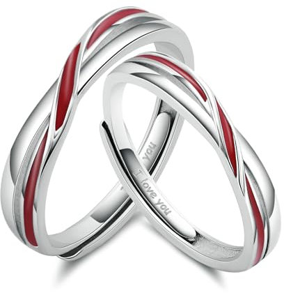 BCughia Eheringe in 925 Silber, Partnerringe mit I Love You Gravur Rote Linie Hochzeitsringe Verlobungsringe Trauringe Verstellbar Paar Ring Set