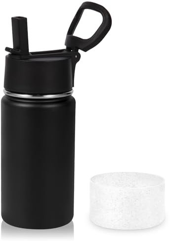 Volhoply Bottiglia d'acqua isolata in acciaio inox da 14 oz con coperchio di paglia e barca in silicone, 410 ml, senza BPA, facile da usare per ragazzi e ragazze tazze (nero, 1