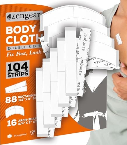 aZengear Nastro Biadesivo per Corpo, Abiti, Hijab, Vestiti (Confezione da 104 Strisce) - Trasparente, Chiaro, Forte Aderenza per Tutti i Tipi di Pelle e Tessuti di Moda