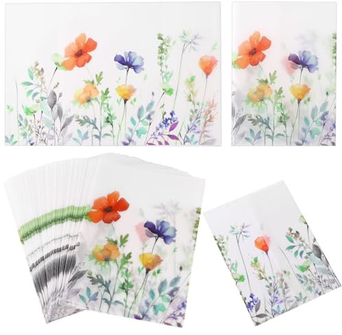 50stk Vorgefaltete Pergamenthüllen für 12,7x17,78cm Große Einladungen, Wildblumen-Pergamentpapier Durchscheinend Florale Einladungshüllen für Hochzeit Babyparty Geburtstag Feier