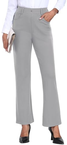 GRECERELLE Pantalon pour femme extensible Pantalon de bureau Pantalon de yoga Taille élastique Pantalon droit décontracté Pantalon de travail pour femme UK Pantalon de yoga avec poches, gris clair, S
