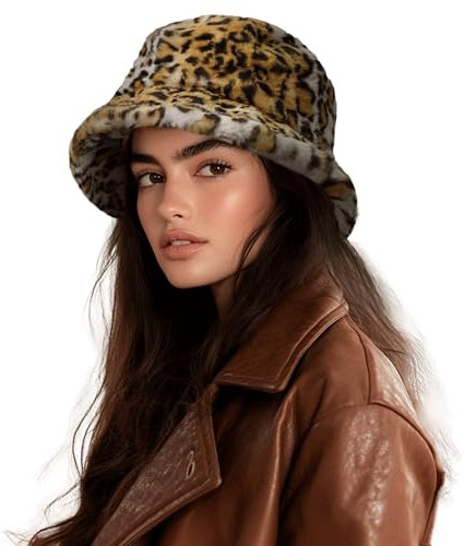CLAPE Leopardenmuster Plüsch Fischerhut für Damen Kunstfell Winter Eimer Hut Warm Bucket Hat Pelzig Anglerhut Flauschig Breite Krempe Schlapphut