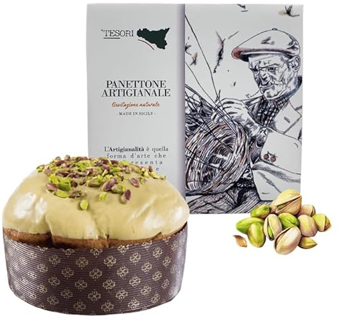 Tesori di Sicilia Panettone Artigianale al Pistacchio, Scatola Ù Nonno Pino come da Tradizione Siciliana, Panettone a lievitazione Naturale 1Kg, Idea Regalo Natale
