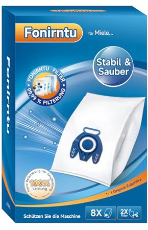 Fonirntu 8x GN Staubsaugerbeutel geeignet für Miele Staubsauger S2, S5, S8, S8340, Classic C1, Complete C2&C3, Verbessert Lecksicher Staubbeutel mit 2x Motor- & 2x Abluft-Filter Ersetz 9917730