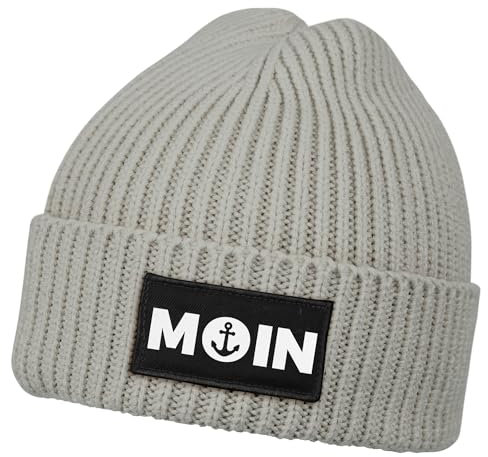 Neverless® Herren Beanie Wintermütze Patch Moin Nordisch Aufdruck Print Strickmütze Rippstrick grau Unisize