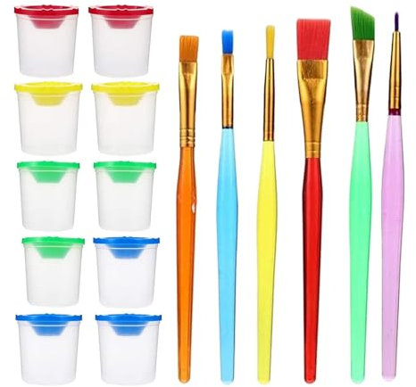 Set of 16 Paint Pots and Paint Brushes,10pieces Spill-Proof Paint Pots with Lids,6pieces Kids Paint Brushes,Paint Water Pots Portable Paint Cups for Watercolor Tempera Washable