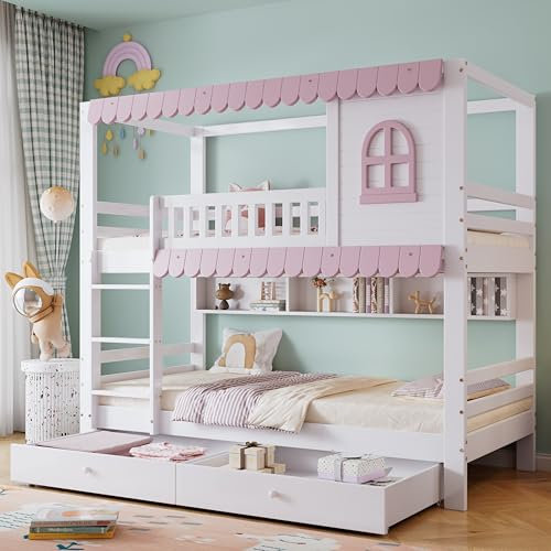 Huayz Etagenbett 90x200cm, Kinderbett Mit Fenstern, mit Fallschutzgitter, Offenes Regal, Rosa Traufe, Zwei Schubladen mit Rollen, Reichlich Stauraum, Kiefer+MDF