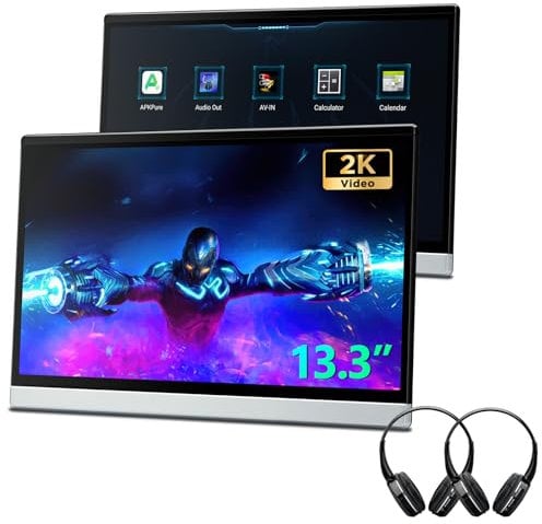 XTRONS 2 * 13.3 Android Car TV Headrest Monitor for Back Seat with 2*Bluetooth Headphones, FHD IPS Touch Car Screen Tablet 2+32gb Portable Video Player Support Netflix/YouTube, HD Input WiFi