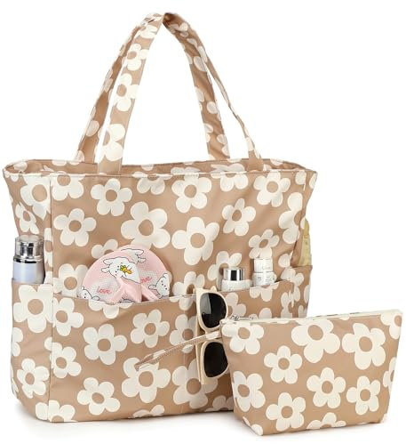 LOIDOU Große Strandtasche mit Reißverschluss Wasserdichte Sanddichte Schwimmbadtasche Umhängetasche Einkaufstasche mit Reißverschluss Reisetasche Familie Strand Tote (Beige flower)