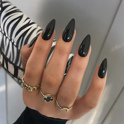 Black False Nails Almond Medium - Acrylic Press on Nails Almond - Glossy Pure Color Black Fake Nails Short with Glue - Full Cover Stick on nails Soft Gel for Women Daily Wear Nail Art