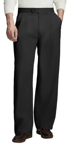 Susclude Wide Leg Casual Baggy Dress Pants Men Pleated Vintage Work Summer Oversized Lightweight Slacks Trousers for Men Black