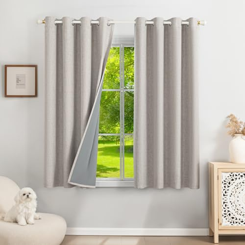 Runyéla 100% Verdunklungsvorhänge Leinen Gardinen mit Ösen 2er Set, Thermovorhang Hitzeschutz H 145 x B 140, Leinenoptik Vorhänge Blickdicht Grauweiß Schallschutz für Schlafzimmer Wohnzimmer