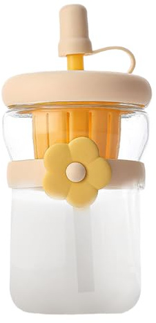 Generisch Botella de cristal transparente | 500 ml botellas de zumo de cristal con tapas, recipiente reutilizable con pajita de silicona, para café, té, bebidas, leche fría y caliente, viajes