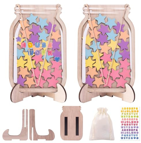 2 Pack Reward Jars Wooden Star Reward Charts for Children Behaviour | Magnetic Reward Jar 60 Stars Reward System for Kids Potty Training Habit Formation Teacher Management Classroom Home