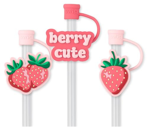 Swig Straw Toppers Set, 3 Reusable Straws with 3 Silicone Straw Covers, Cover Cap Customizable Length, Compatible with 40oz Tumblers, Tumbler Accessories (Strawberry Shortcake)
