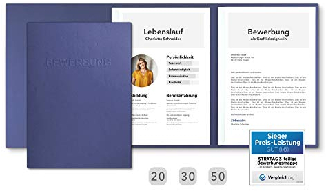30 Stück SPAR-SET dreiteilige Bewerbungsmappen Blau in feinster Lederstruktur