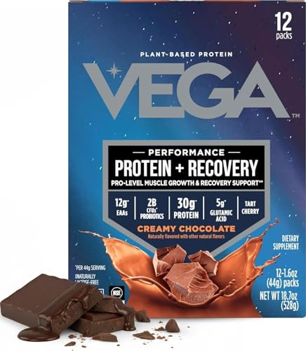 Vega Protein + Recovery, Chocolate – 30g Vegan Protein, Dairy & Gluten Free, Probiotics, NSF Certified, 12 x 1.6 oz Packets (12 Servings)