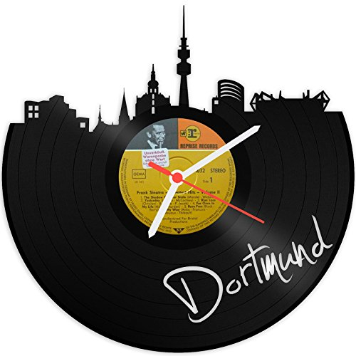 GRAVURZEILE Schallplattenuhr - Skyline Dortmund - Wanduhr aus gegossenem Vinyl mit Stadt Skyline 30 cm - Upcycling Design-Uhr Wand-Deko Vintage Wand-Dekoration Retro-Uhr - Made in Germany