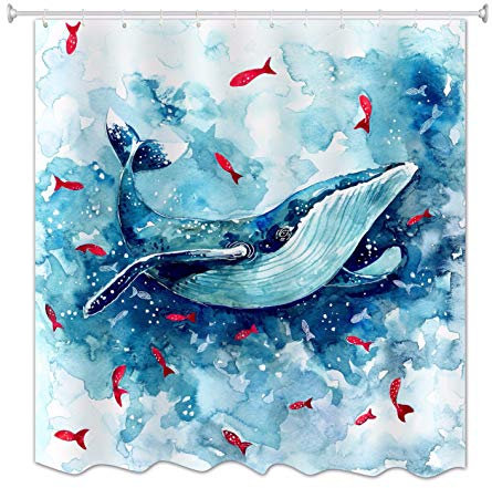 A.Monamour Bleu Aquarelle Croquis De Baleine Rouge Poisson Art Impression Imperméable À l'eau Tissu Imperméable À l'eau Longue Polyester Épaissir Ensemble De Rideau De Douche avec Crochets 180x200 cm