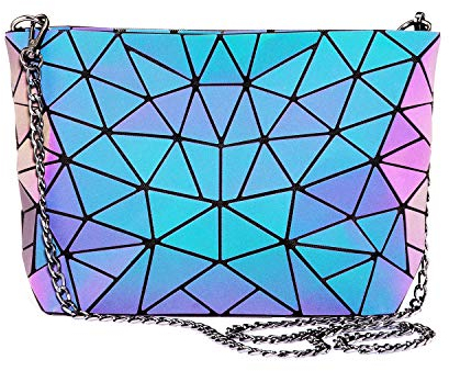 LOVEVOOK Geometrische Tasche Umhängetasche Damen, Cross Body Bag, Schultertasche mit Reißverschluss, Leuchtend Holographic Tasche mit Kettenriemen, PU Leder