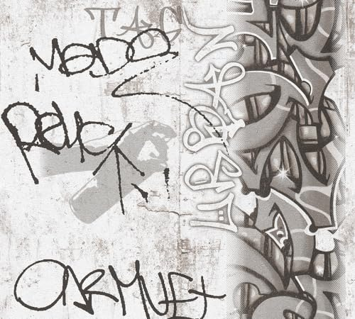 A.S. Création Boys & Girls 369863 36986-3 Paper Wallpaper with Gaffiti Look 10.05 m x 0.53 m Grey Black White Made in Germany