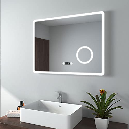 EMKE Badspiegel mit Beleuchtung 80x60cm Badezimmerspiegel mit 3X Kosmetikspiegel+Antibeschlag+Uhr+3 Lichtfarbe+Touch IP44 energiesparend wandspiegel