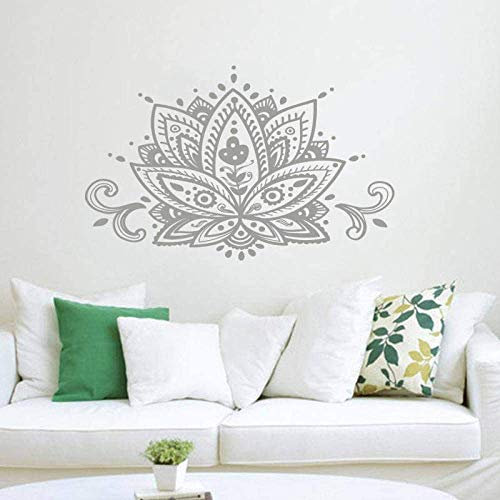 Lotus Flower Wandtattoo Namaste Mandala Wandaufkleber Boho Bohemian Home Decor Indisches Muster Yoga Studio Wandkunst Wandbild-66X42Cm Grau