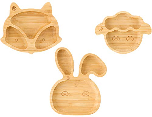 bamboo bamboo ® Baby Plate– Kids and Toddler Bamboo Plate for Babies | Non-Toxic | Cool to The Touch | Ideal for Baby-Led Weaning (Trio of Mini Fox, Bunny, Lamb Plates)