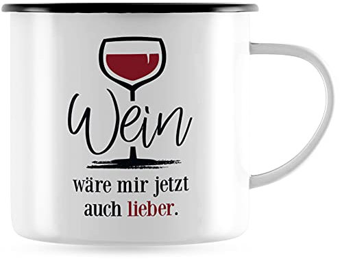 JUNIWORDS Emaille-Tasse, Wein wäre Mir jetzt auch Lieber, Schwarzer Tassenrand