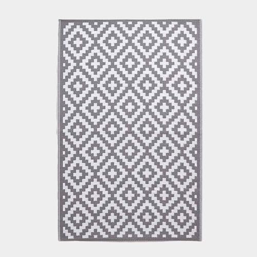 HOMESCAPES Luxury Extra Large Outdoor Rugs for Garden Patio Waterproof 100% Recycled Plastic Mat Carpet 180 x 270cm Reversible White & Grey Geometric Rug “Zoe”, Indoor/Outside & Portable, Seamless