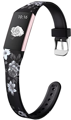 Keponew Kompatibel mit Fitbit Charge 4 Bändern für Damen, florales Armband, kompatibel mit Fitbit Charge 3 Bands für Frauen, schmal bedruckt, farbecht, Sportarmbänder für Damen, groß, graue Blume