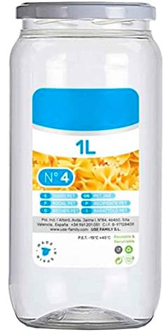 Tradineur - Tarro de plástico Nº 4 - Incluye tapa metálica - Ideal para la conservación de tus alimentos - Capacidad de 1 Litros - 18 x 8,5 cm