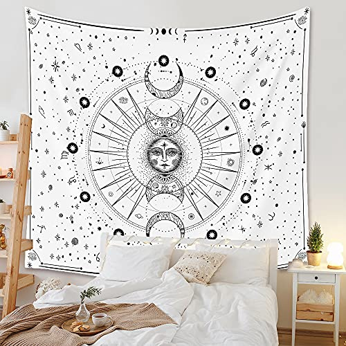 Arawat Wandteppich Mondphasen Wandtuch Weiß Wandteppich Mond Sonne Wanddeko Psychedelic Teppich Gothic Wandteppiche (150 x 130cm)
