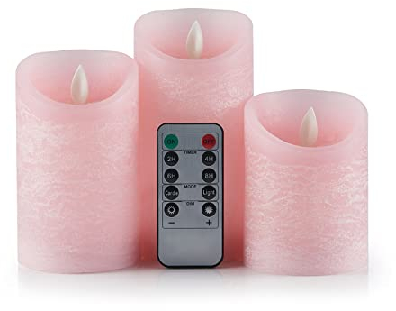 AnnSpa 3 Set Gold LED Candles Battery Operated with 10-Key Remote Control and Cycling 24 Hours Timer, Flameless Real Wax Flickering Moving Wick Flickering Amber Pink Light Pillar Candles