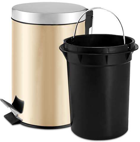 TIENDA EURASIA - Papelera de Baño con Pedal, Papelera Oficina con Cubo Extraible, Papelera Escritorio Fabricada en Acero Inoxidable, Papelera de 3l, Cubo de Basura de ø17 x 25 cm (Beige)