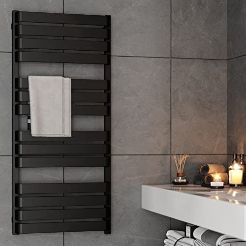 Bathroom Electric Towel Radiator Designer Heated Towel Rail Flat Panel Black 1110 x 500mm