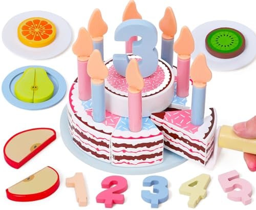 Atoylink Geburtstagstorte Geburtstagskuchen Holz Kinderküche Spielküche Zubehör mit Zahlen Kerzen Holz Schneidobst, Rollenspiel Lernspielzeug Geschenke für Kinder Jungen Mädchen 1 2 3 4 5 Jahre