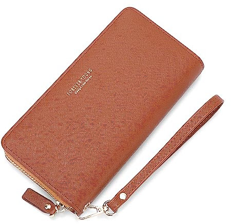 Vllcsla Portefeuille Femme Cuir Grand Format 19x10 cm, Porte Monnaie Femme Cuir Marron Noir, 8 Porte Carte Bancaire en Cuir avec Bracelet Détachable, Zip Around Wallet (Marron)