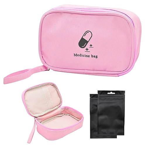 SwirlColor Small First Aid Pouch Portable Pill Organiser Easy Carry Empty Medicine Container with Three-Pocket for Travel (Pink)