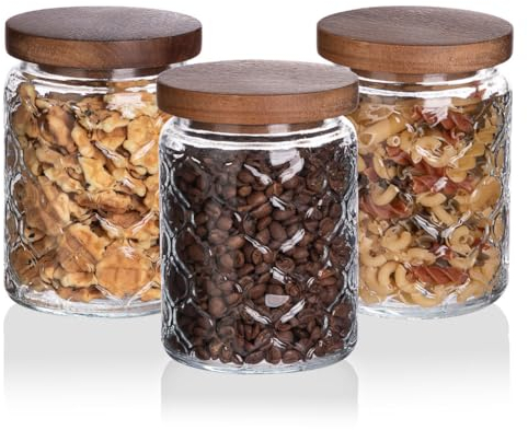 Sweejar Home Set of Three Cylindrical Bamboo Lid Models Embossed Glass Storage Jars (Lantern(wooden lid), 700ml)