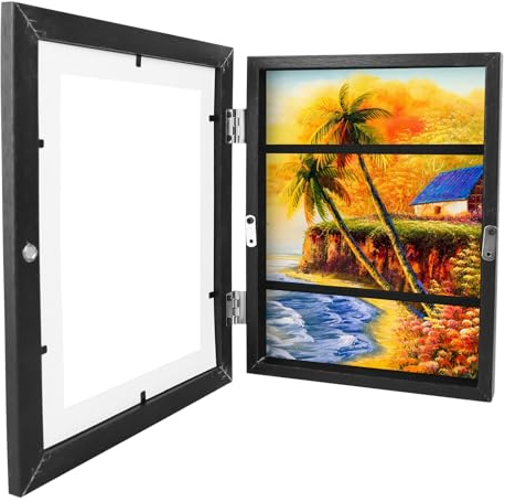 MJFENDAI A5 Bilderrahmen Kinderzeichnungen, Wechselrahmen Aufklappbar, Kids Art Frame Holz Bilderrahmen für Kinderzeichnungen Kinder Kunstrahmen Frontöffnung Kinder Bilderrahmen (A5 Schwarz)