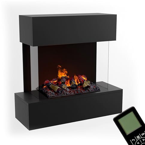 GLOW FIRE Wasserdampf Kamin HÖLDERLIN (Wandkamin) - Elektrokamin für die Wand mit realistischen LED 3D-Flammen, Knistereffekt & Fernbedienung, 80x78x37 cm, Opti-Myst 500 mit Holz-Deko, Schwarz