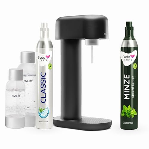 Sparpaket: Mysoda Ruby - Wassersprudler aus Aluminium mit 1L und 0,5L BPA-freier Plastikflasche, CO2-Zylinder Classic + CO2-Zylinder Minze (Schwarz)