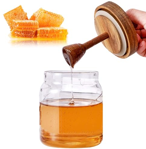 MLKLDOU - Pot à miel en verre, 500 ml avec couvercle en bois, pot de rangement transparent pour miel, confiture et miel pour le stockage dans la maison et la cuisine