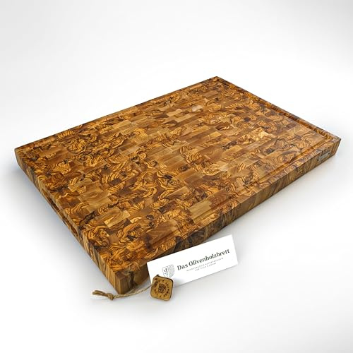 DAS OLIVENHOLZBRETT®Mosaik Schneidebrett m.Saftrille/rechteckig 60x41x4,5cm | Exklusives Olivenholz/Hirnholzbrett aus Olivenholz/ Stirnholz/massiv/hochwertiges Küchenbrett!