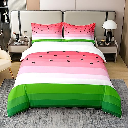 Loussiesd Wassermelone 100% Baumwolle Bettwäsche Set 135x200cm Tropische Frucht Druck Betten Set für Kinder Mädchen Frauen Frische Ananas Streifen Bettbezug Set Weiches Rot Grün Bettwäsche