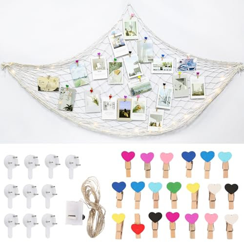 Fischernetz Deko Set (mit Clips, Leuchtschnüren und Nicht Markierenden Nägeln), 1m*2m Fischernetz Deko Outdoor, Fischernetz Groß für Heimdekoration, Fotografie Hängende Dekoration und Kinderzimmer