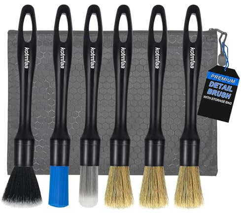 6x Car Detailing Brushes Set with Storage Bag, Professional Auto Detail Cleaning Brush Tool Kit - for Car Alloy Wheels, Emblems, Air Vents, Leather, Engine Bay, Interior & Exterior Wash Care