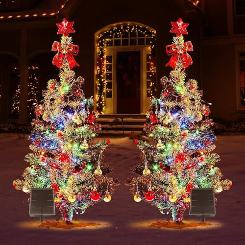 2 Pack Solar-Weihnachtsdekorationen im Freien,39 Zoll 200 LED Solar-Weihnachtsbaum Lichter mit Xmas Ball & Red Berry,8 Modus Solar-Weihnachtslichter im Freien wasserdicht für Hof Garten Feiertage