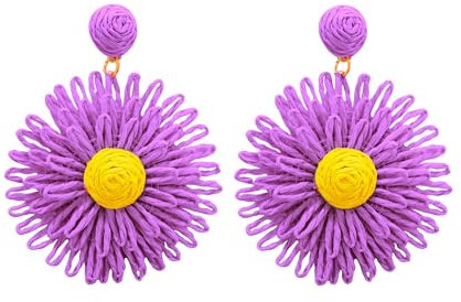 Pendientes de Ratán de Girasol para Mujer Grandes Colgantes Pendientes Hechos a Mano Trenzado Pendientes Retro Pendientes para Viajes Playa Reciclable (Lila)